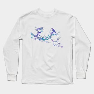 Love Birds On Floral Branch Watercolor Painting Long Sleeve T-Shirt